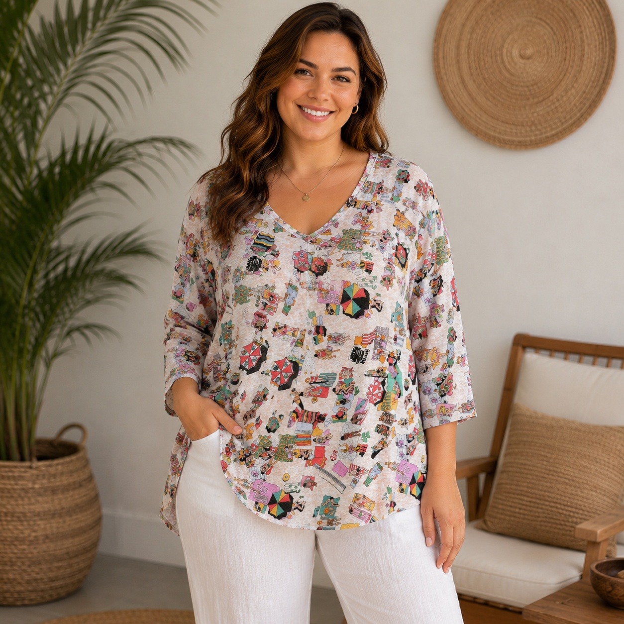 Nicole Miller New York 100% Linen Beach Print V-Neck Top Plus Size 2x Multicolor